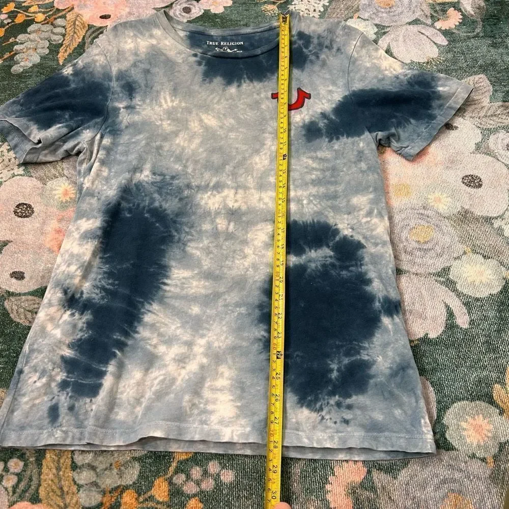True Religion Men’s Ocean Waves Blue Tie Dye Buddha Tee Shirt Horseshoe Small